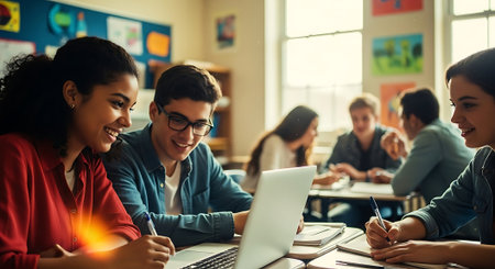 education, high school, technology and people concept - group of smiling students with laptop computer in classroomの素材