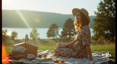 Young woman with a picnic basket on a blanket by the lake.の素材