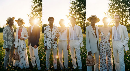 Group of friends standing in a field at sunset. Group of friends having fun outdoors.の素材