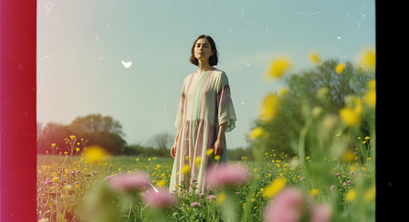 Beautiful girl in a long dress in a field with yellow flowersの素材