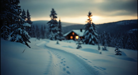 Winter landscape with a small house in the forest. Blurred background.の素材