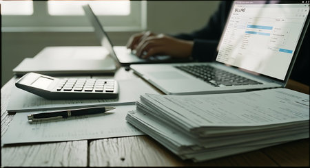 businessman working with finances about cost and calculator and laptop computer on wooden desk in modern officeの素材