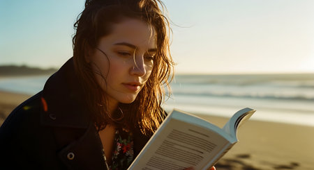 Young woman reading a book on the beach at sunset, shallow depth of fieldの素材