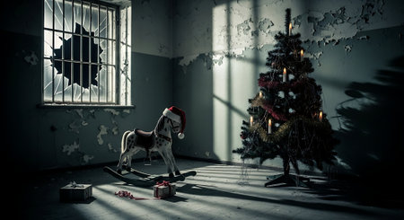 Abandoned room with christmas tree, gifts and rocking horseの素材
