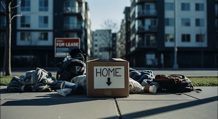 Homeless man lying on the street with a cardboard box with textの素材