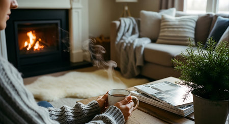 Close up of woman sitting in front of fireplace, holding cup of hot drink and reading newspaper.の素材