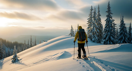 Winter hiking in the mountains on snowshoes with a backpack and tent.の素材