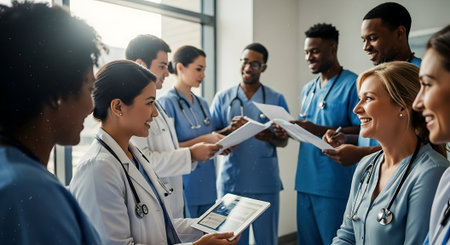 african american doctors and nurses with clipboard in hospital corridor during surgeryの素材