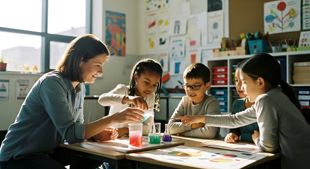 Diverse group of children and teacher in classroom at elementary school during lessonの素材