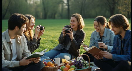 Group of friends having picnic in the park and taking photos with cameraの素材