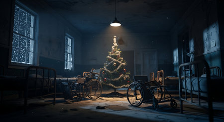 Dark room with a Christmas tree and a wheelchair. 3d renderingの素材