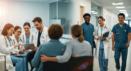 group of medics with tablet pc computers discussing something in hospital corridorの素材