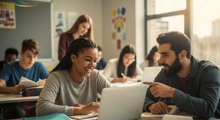 Group of multiethnic high school students studying together in a classroomの素材