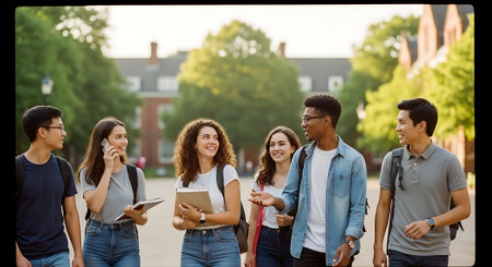 Multiethnic group of students walking in the street and looking at cameraの素材