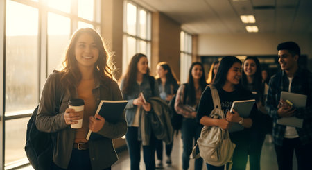 Portrait of a smiling female student holding a coffee cup while standing in a university corridor.の素材