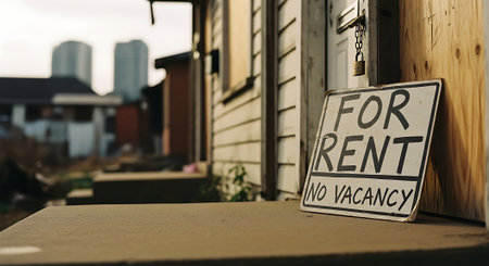 For rent sign in front of a house in the city, vintage lookの素材