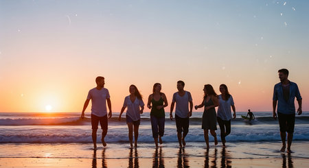 Group of friends walking on the beach at sunset. Young people having fun on the beach.の素材