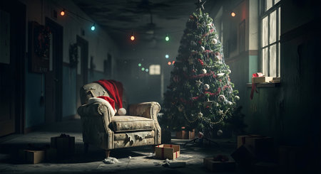 Christmas tree with presents and chair in the dark room. 3d renderingの素材