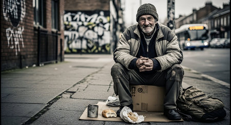 Homeless beggar sitting on the street in London, UK.の素材