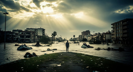 A man standing on the bank of the Nile river in Cairo, Egyptの素材