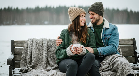 Young couple sitting on a bench in winter forest and drinking coffee.の素材