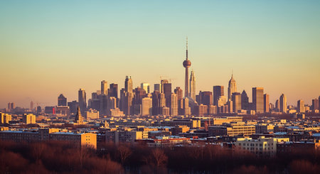 Toronto city skyline at sunset, Ontario, Canada. Filtered image processed vintage effect.の素材