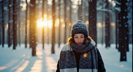 Beautiful young woman walking in the winter forest at sunset or sunrise. The girl is wearing warm clothes.の素材
