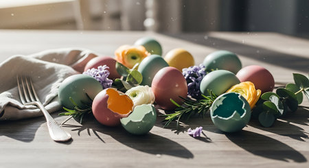 Easter table setting with colored eggs and spring flowers. Selective focus.の素材