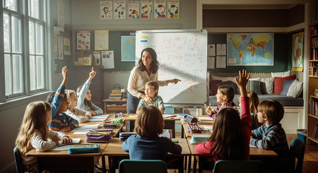 Portrait of a teacher with her students in the classroom at schoolの素材