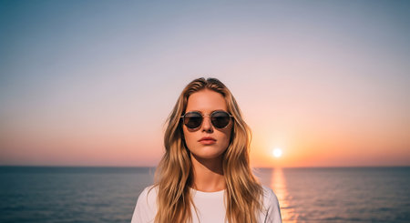 Portrait of a young woman in sunglasses on the background of the sea at sunset.の素材