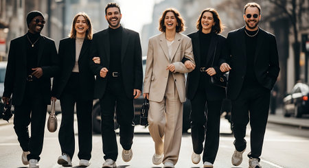 Group of young business people walking in the city. Men and women in suits and sunglasses.の素材