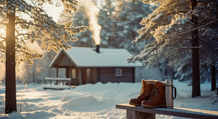 Winter landscape with wooden house and boots on a bench in the forestの素材