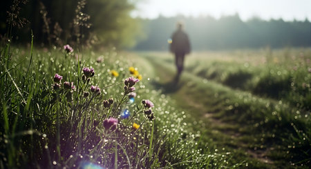 Woman walking through a meadow with wildflowers in the sunlightの素材