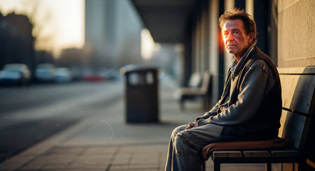 Portrait of a man sitting on a bench in the city.の素材