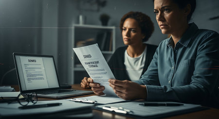 selective focus of african american businesswoman reading contract with colleague in officeの素材