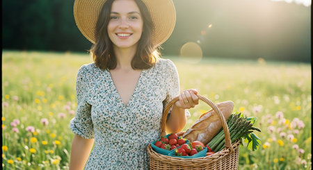 Beautiful young woman with a basket of healthy food in the fieldの素材