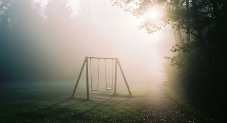 Empty swing in a foggy park. 3D Rendering.の素材