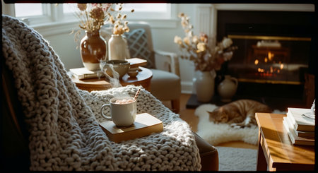 Cup of coffee with book and cat on sofa in living roomの素材