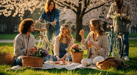 Group of friends having picnic in the park on a sunny day.の素材