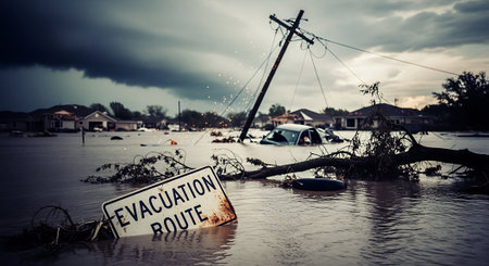 Flooded Neighborhood with Fallen Evacuation Route Signの素材