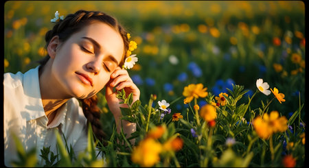 Beautiful young woman lying in a field of flowers and enjoying the sunの素材