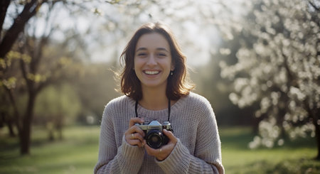 Beautiful young woman with retro camera in a blooming spring gardenの素材