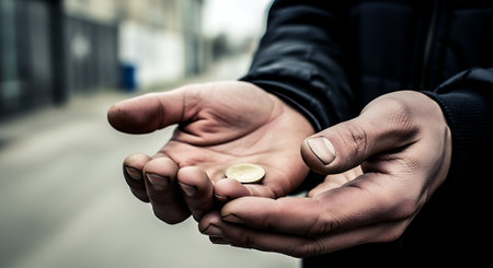 Close up of a man's hands holding a coin in the streetの素材