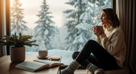 Young woman with cup of coffee sitting on window sill at home in winter.の素材