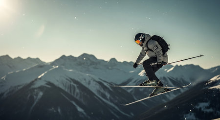 Flying skier on mountains. Extreme winter sport. 3d renderingの素材