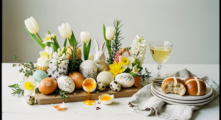Easter table setting with eggs, tulips and crocus flowersの素材
