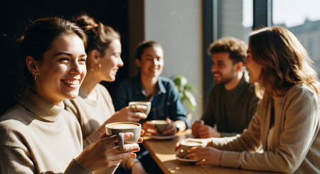 Group of happy young people drinking coffee in cafe. Focus on womanの素材