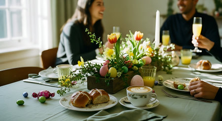 Easter table setting with spring flowers, easter eggs and croissantsの素材