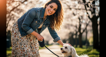 Beautiful young woman walking with her dog in a spring park.の素材