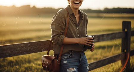 Cropped image of a smiling woman holding a cup of coffee while standing outdoorsの素材